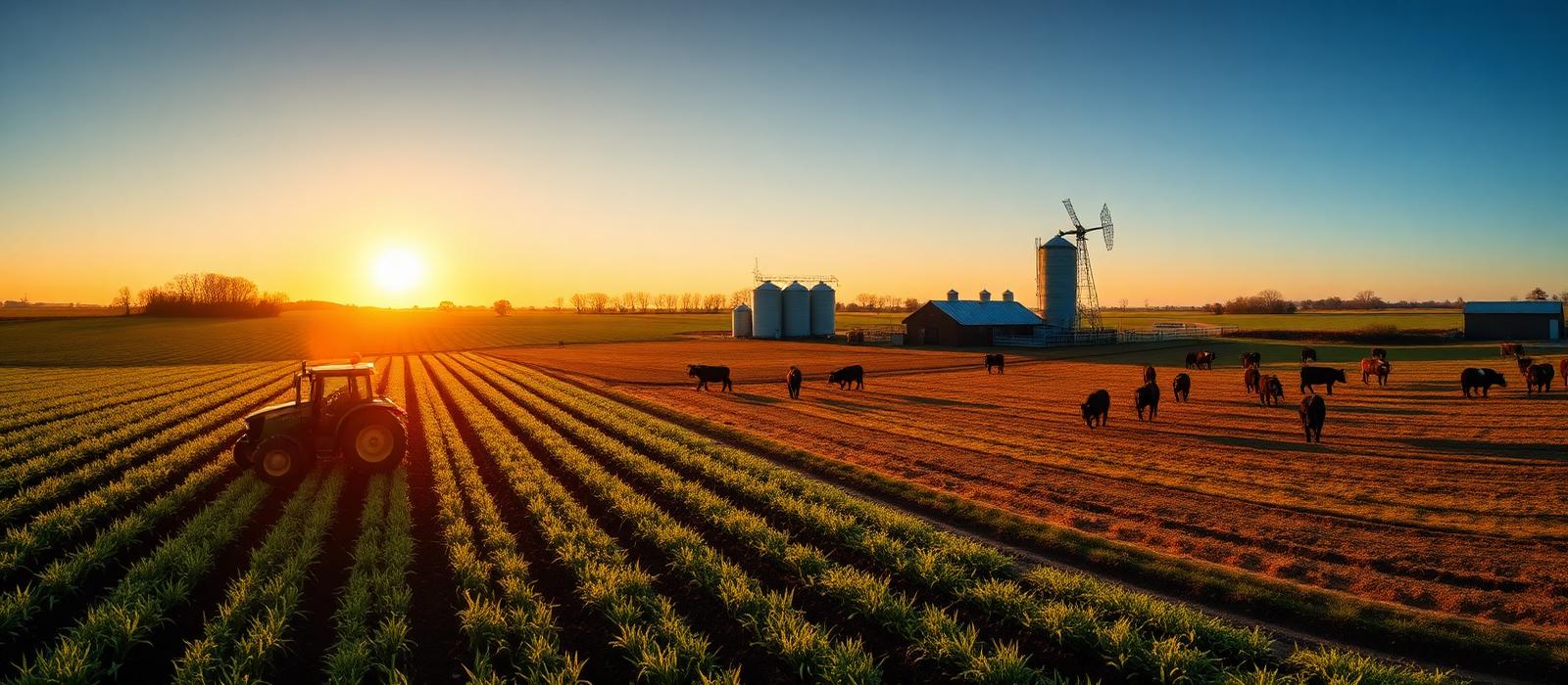 Sunrise over Prime Harvest farms and pastures